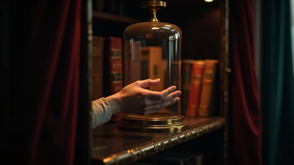 Moody curio cabinet shelf with illuminated glass dome, velvet curtains, antique books, and soft accent lighting
