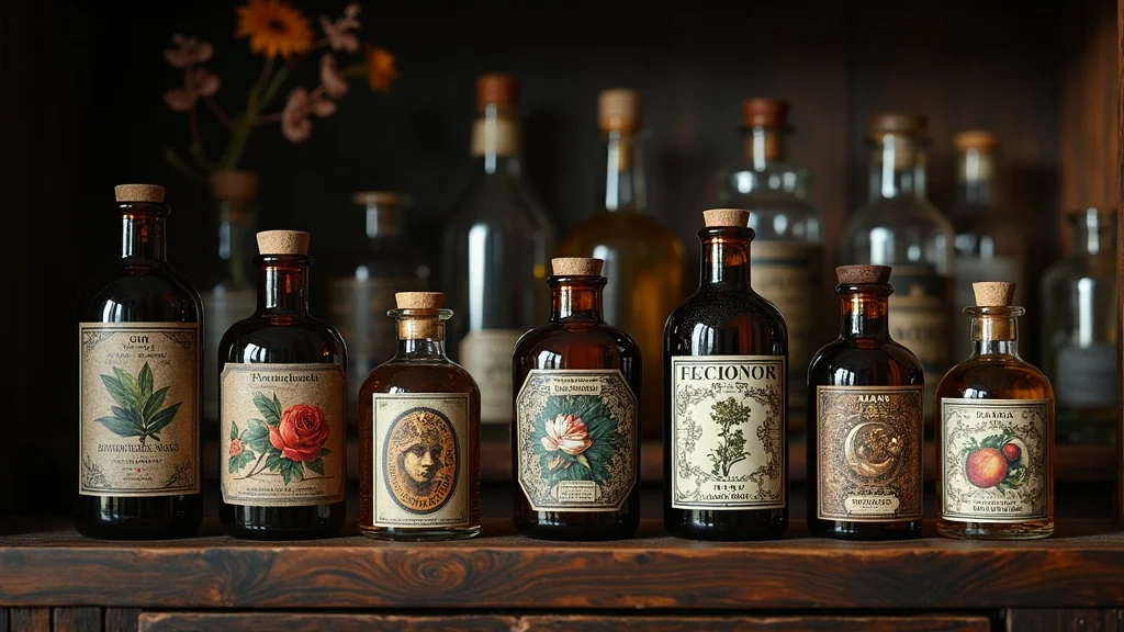 Eclectic assortment of apothecary bottles and jars with unique printable labels, grouped by theme and arranged on a dark wood cabinet