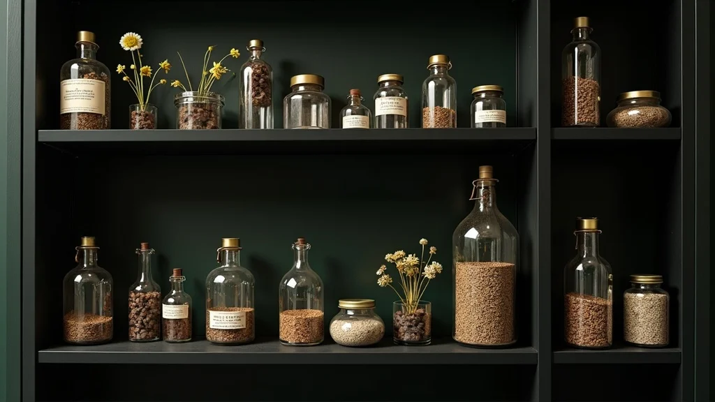 Elegant oddities shelf styling with glass jars, botanicals, and vintage curios, museum lighting. oddities and curiosities collection display