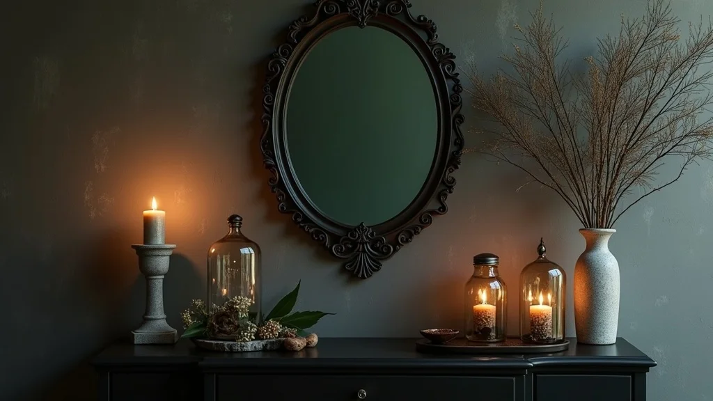 Modern gothic vignette display with glass apothecary jars, ornate Victorian mirror, stone candleholder, and botanical print against a matte black console and textured grey wall with candlelight.