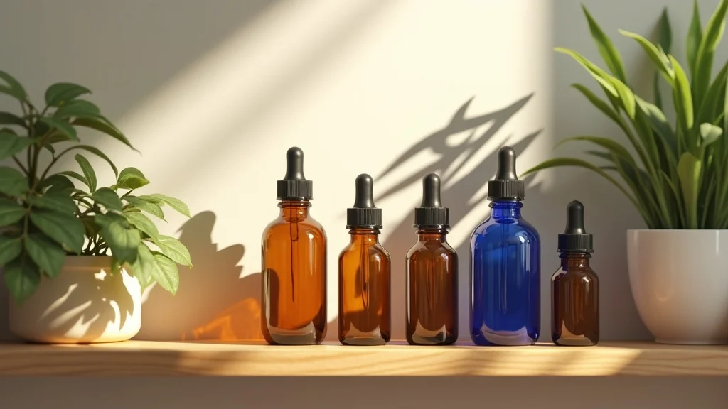 Inviting display of assorted apothecary essential oil bottles—amber and cobalt glass bottles arranged on sunlit wooden shelf with calming plants
