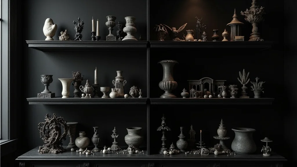 Cluttered versus curated gothic shelf with contrasting arrangements: one side messy and crowded, other sparse and elegant gothic display, strong spacing, dramatic lighting.