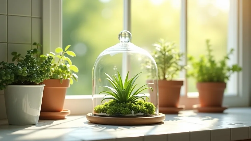 Charming plant cloche with a moss terrarium inside a clear glass dome on a sunny kitchen windowsill, condensation-free, highlighting cloche display in home decor