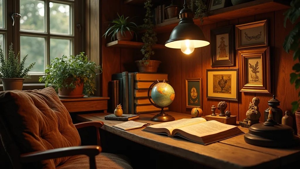 Inviting specimen vignette with vibrant home specimen display, vintage lamp, antique globe, and personal effects – cozy specimen display corner