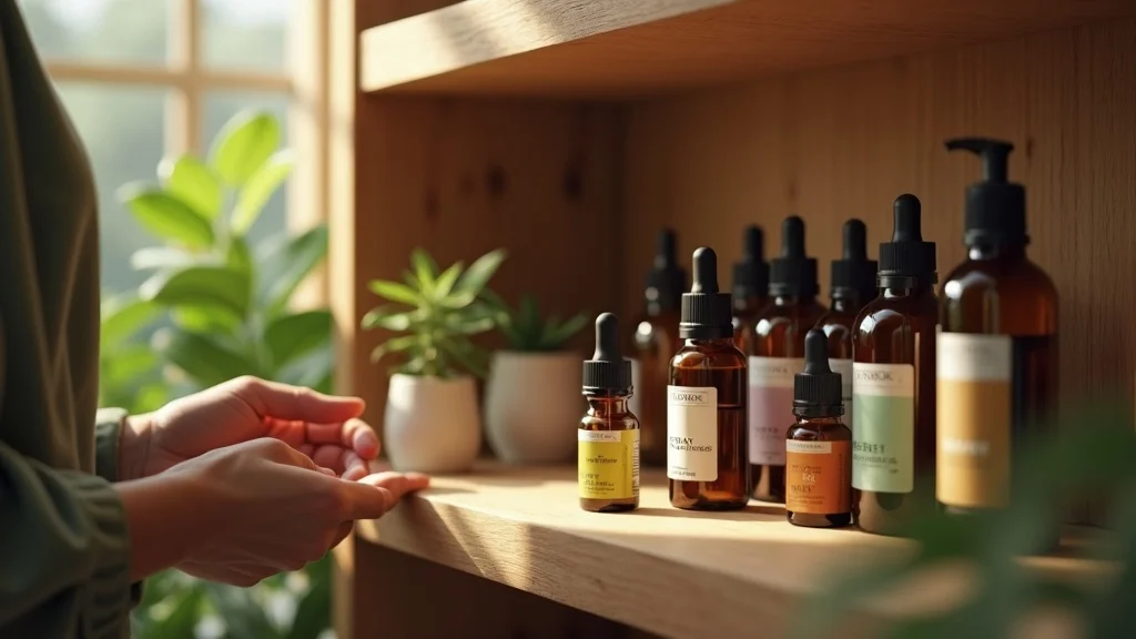 essential oil safety home apothecary shelf with neatly organized essential oil bottles and a person examining a bottle