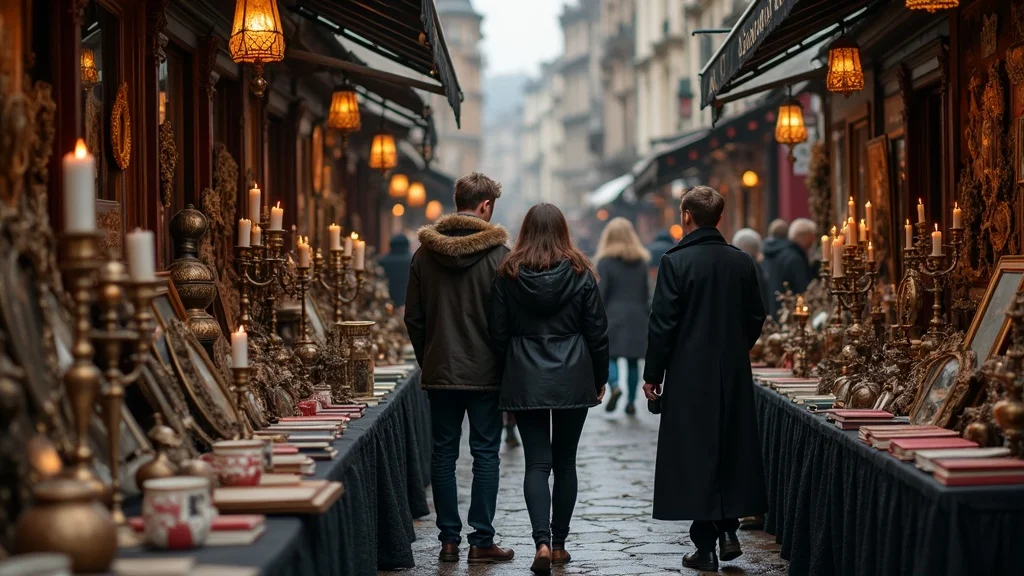 Antique market with shoppers browsing Victorian Gothic mirrors, candleholders, and vintage books under soft overcast daylight.