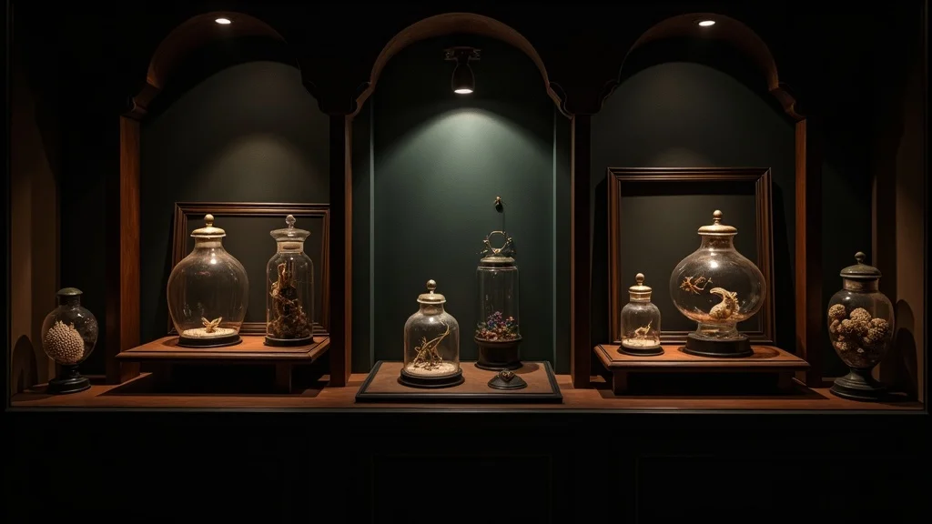Moody illuminated oddities display with glowing LED strips, focused spotlights accenting glass jars and antique frames, and a shadowy museum-room setting.