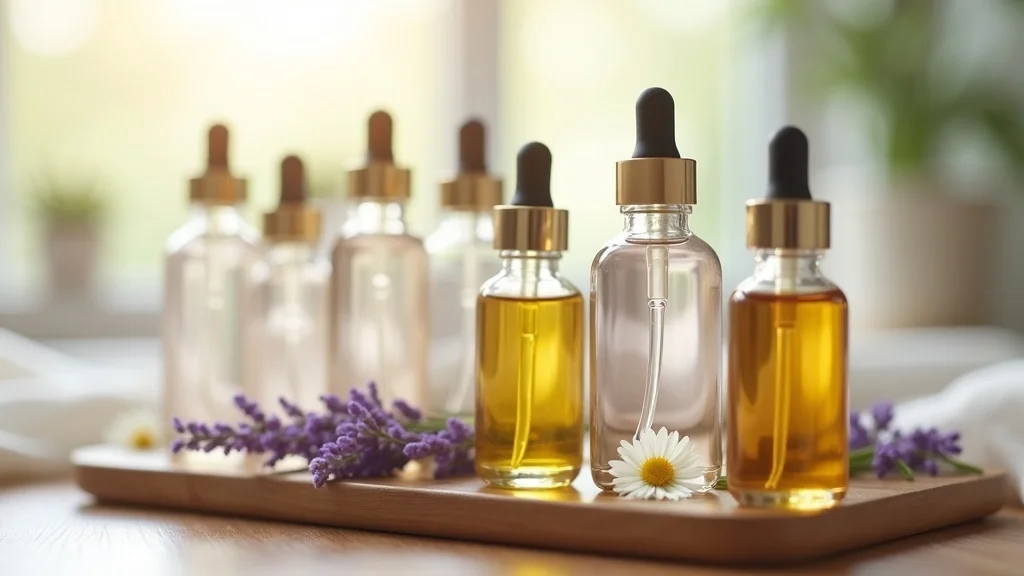 Organized essential oil bottles and diffusers on a cozy nightstand for a sleep routine in a softly lit bedroom