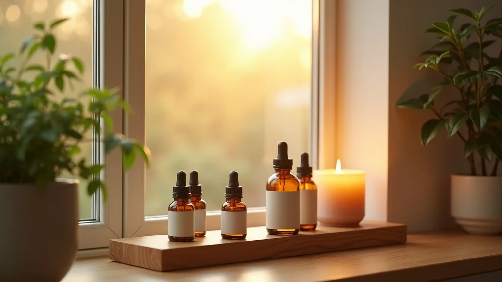 Peaceful modern home apothecary corner with essential oils arranged on a wooden shelf—perfect start for a cozy, organized essential oils starter kit routine.