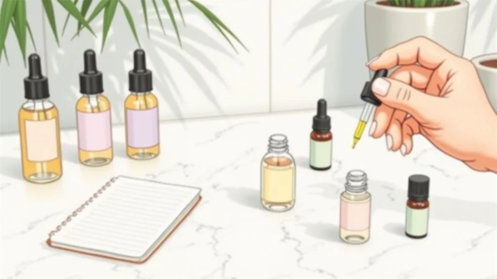 carrier oils for essential oils checklist for different skin types, oil dropper, glass bottles on marble countertop, plant shadows, notebook, pastel background
