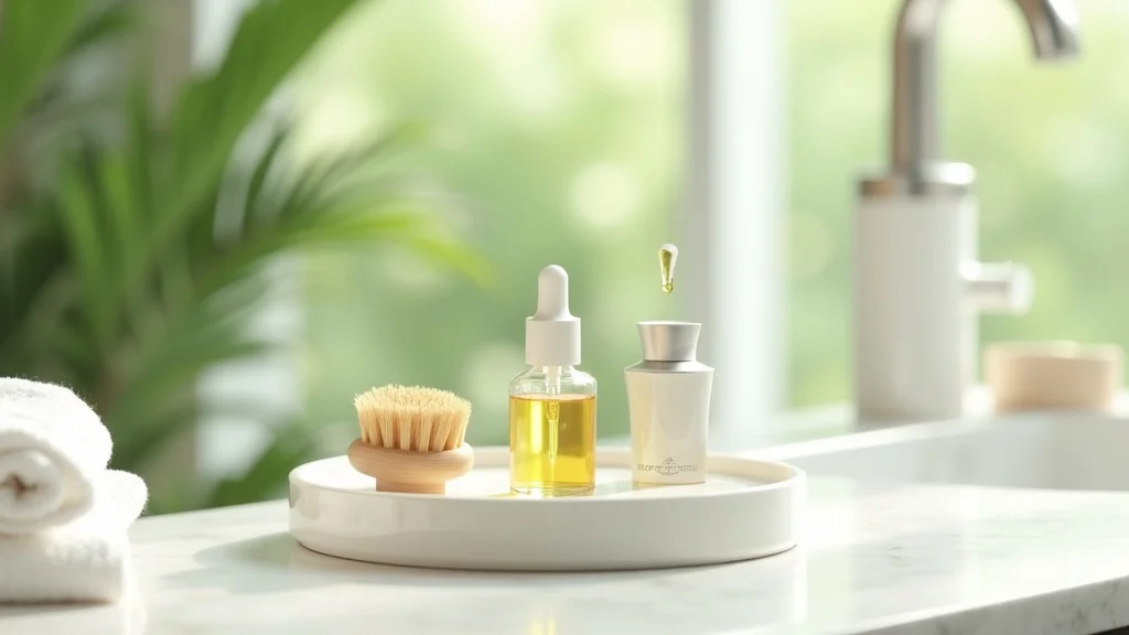 carrier oils for essential oils, bottles and natural bristle brush in bathroom, facial serum dropper, marble edge, greenery, soft towel