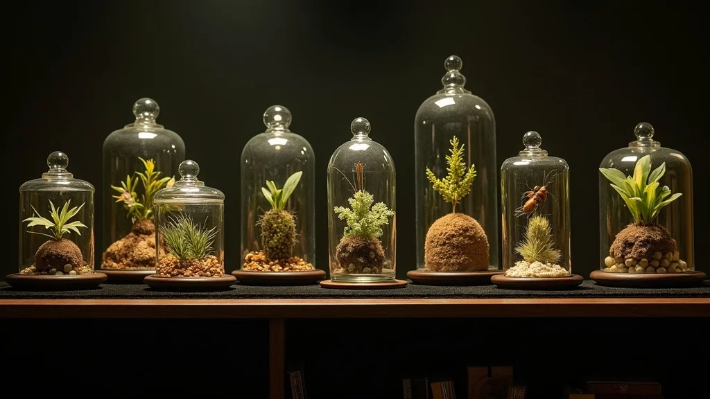 Elegant glass domes and apothecary jars with botanical and insect specimens, close-up on black velvet, gallery-lit, with luminous reflections