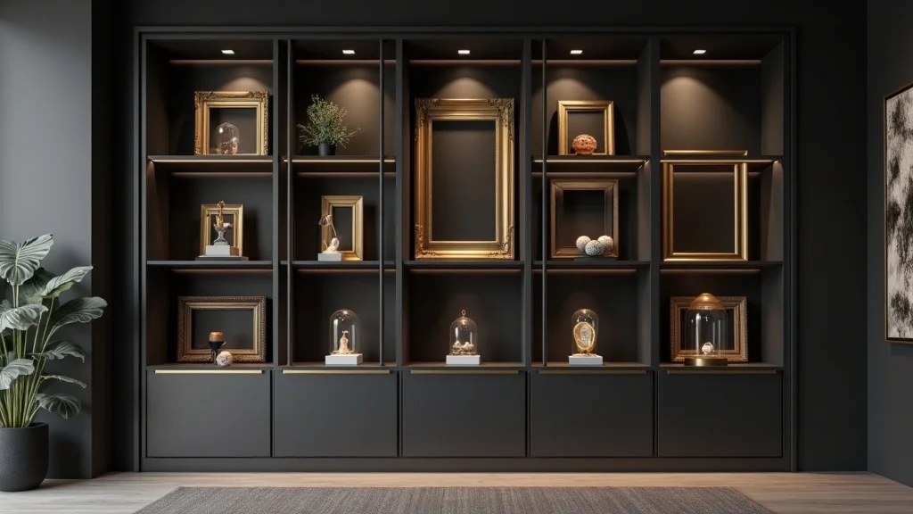 Sophisticated styled oddities shelf with arranged odd-sized frames, glass domes, and shadowboxes. Oddities display setup with negative space and targeted LED lighting.