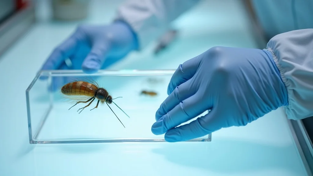 Calm, professional setting with person wearing gloves handling a preserved insect in a glass display frame – specimen display preservation