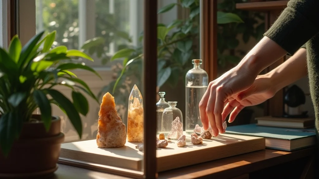 Modern curio cabinet with neatly grouped curiosities, including crystals, antique books, and artifacts, styled for order and creativity with natural sunlight
