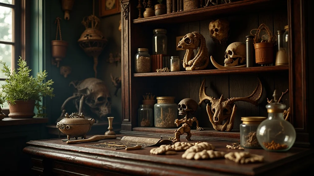 Atmospheric vintage cabinet of curiosities with bones, jars, taxidermy, and rare artifacts on wooden shelves in natural sunlight. oddities and curiosities display scene