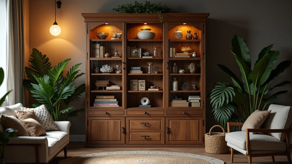 cabinet of curiosities ideas in a modern living space with a stylish wooden cabinet filled with labeled jars, minerals, old books, and natural oddities under warm lighting