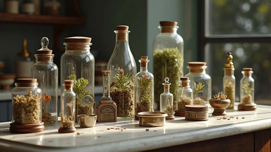 Organized array of apothecary jars, specimen bottles, bell jars, mini easels, and display gift boxes, perfect for accenting decor oddities curiosities display.