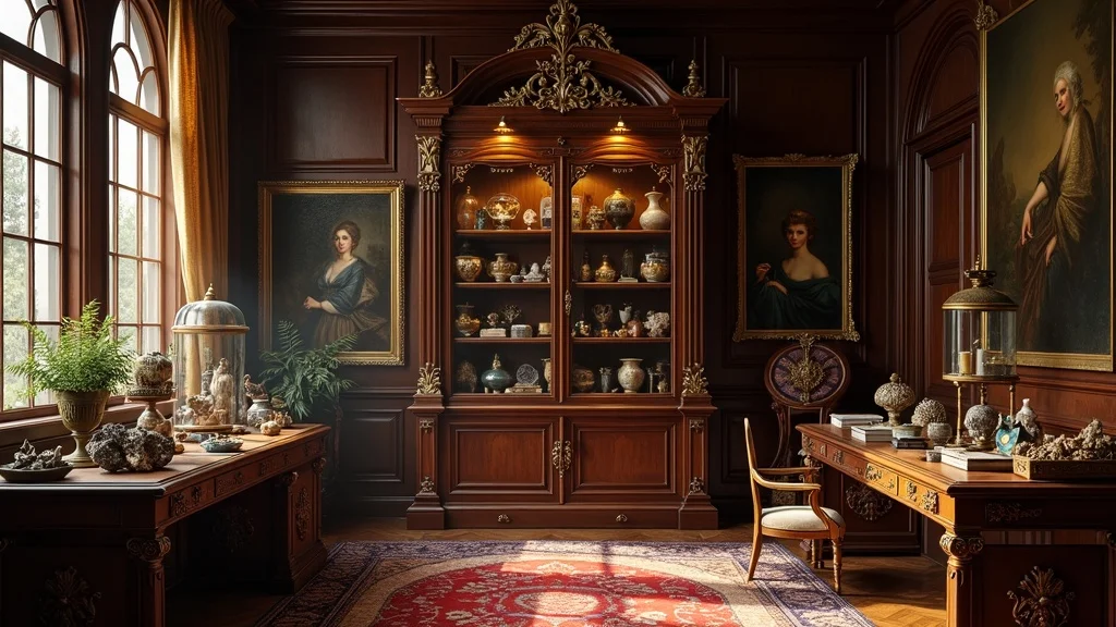 Historic European cabinet of curiosities with ornate wood, ancient artifacts, glass domes, minerals, and historical oddities in a grand study