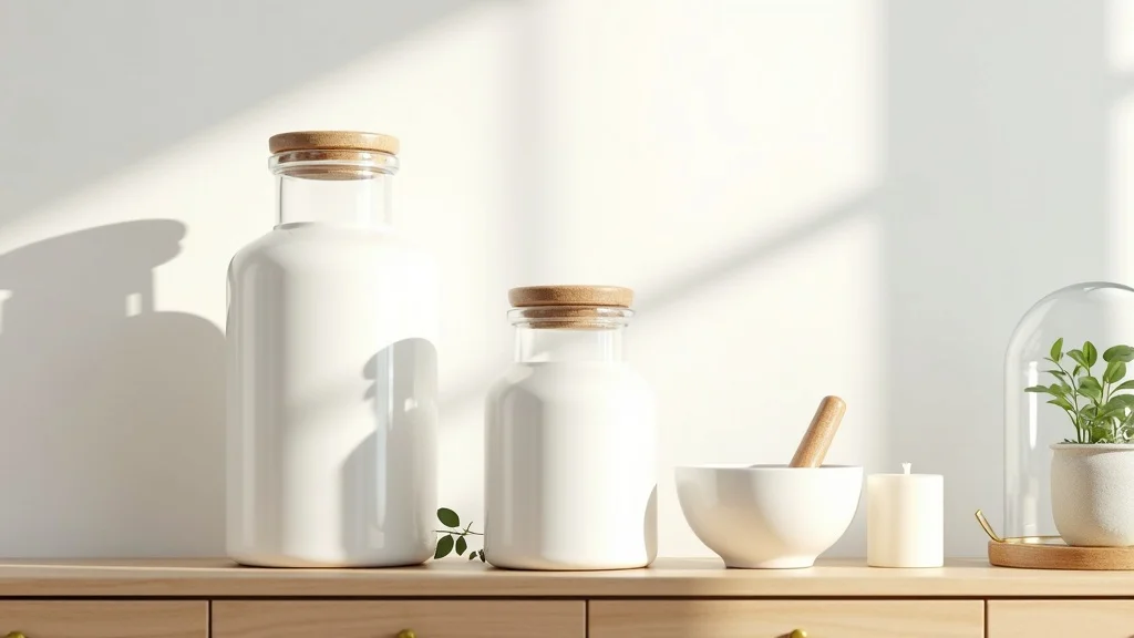 Minimalist apothecary aesthetic starter kit with three glass jars, porcelain mortar, candle, and soft greenery for beginner kitchen decor