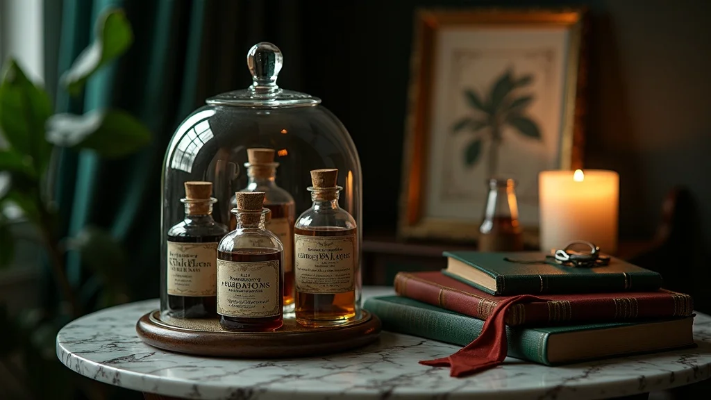 Artful dark academia vignette with glass cloche over vintage potion bottle, framed botanical specimen, and stack of classic novels on marble table with candle glow