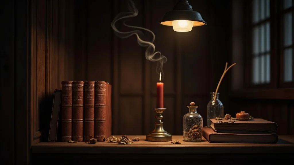 Dark academia decor styled vintage study shelf with antique books, etched glass apothecary bottles, brass candle holders, and botanical props on dark wood in dim lamp light