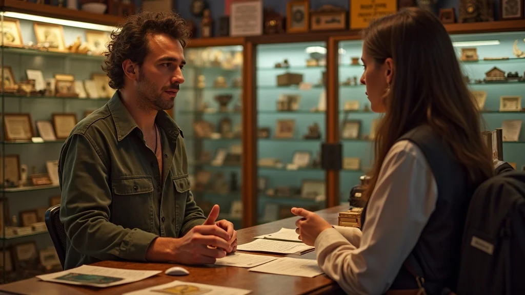 Ethical oddities seller with certificates and labeled display cases at market. oddities and curiosities ethical vendor