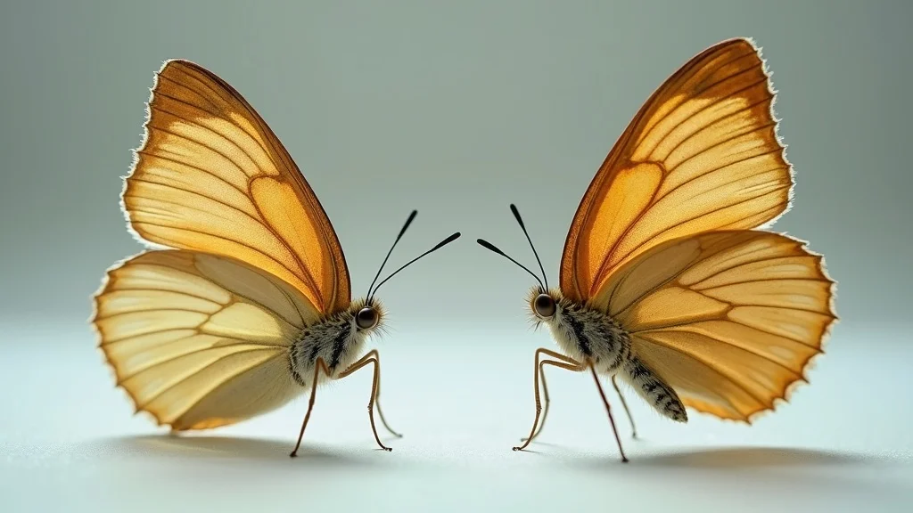 Macro close-up of authentic butterfly specimen beside a replica, comparing wing details and texture – authentic versus replica specimen display