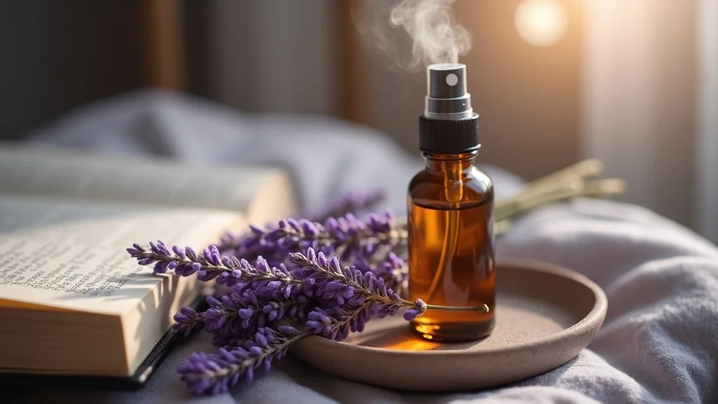 Organized night shelf with labeled essential oil bottles, diffusers, and sleep accessories in a calming bedroom