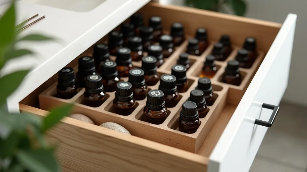 Organized essential oils storage drawer with dark glass bottles arranged for maximum safety and efficiency, supporting an essential oils starter kit routine.