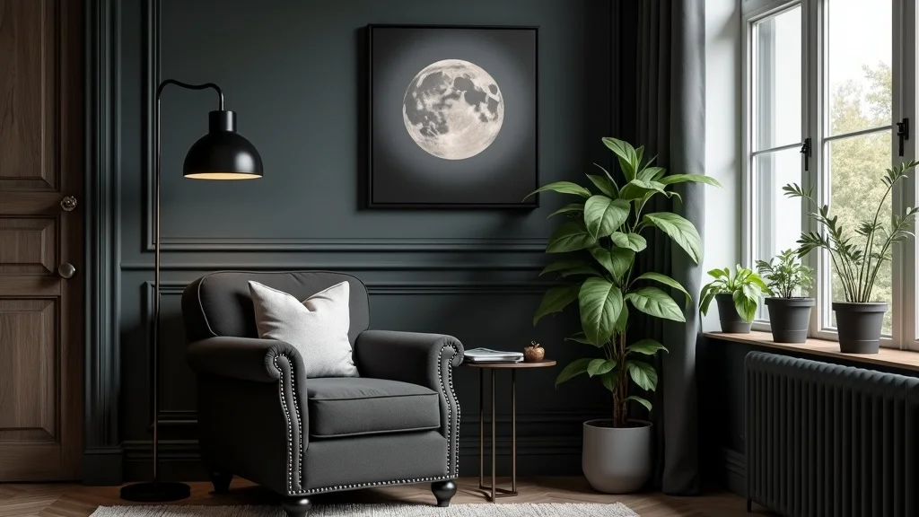 Modern gothic home corner with black Victorian armchair, silver cushion, minimalist side table, bold lunar painting, and potted plant under bright indirect sunlight.