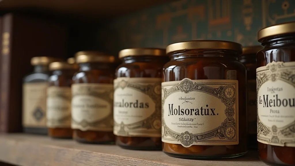 Neatly arranged apothecary jars with matched elegant labels on a curated shelf, under warm light, surrounded by vintage instruments and books
