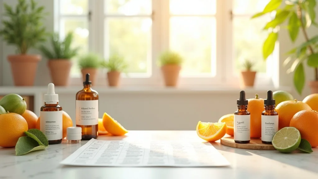 home blending station with printable essential oil dilution chart and organized tools