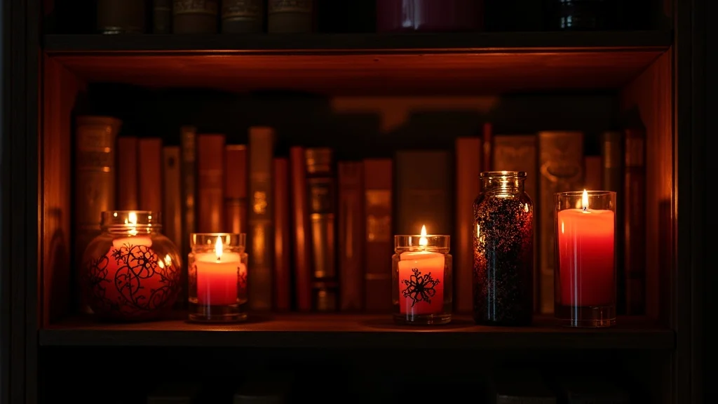Gothic shelf with ornate jars and dramatic mood lighting, rich candlelight, deep shadows in a shadowed home library corner, amber, crimson, black palette.
