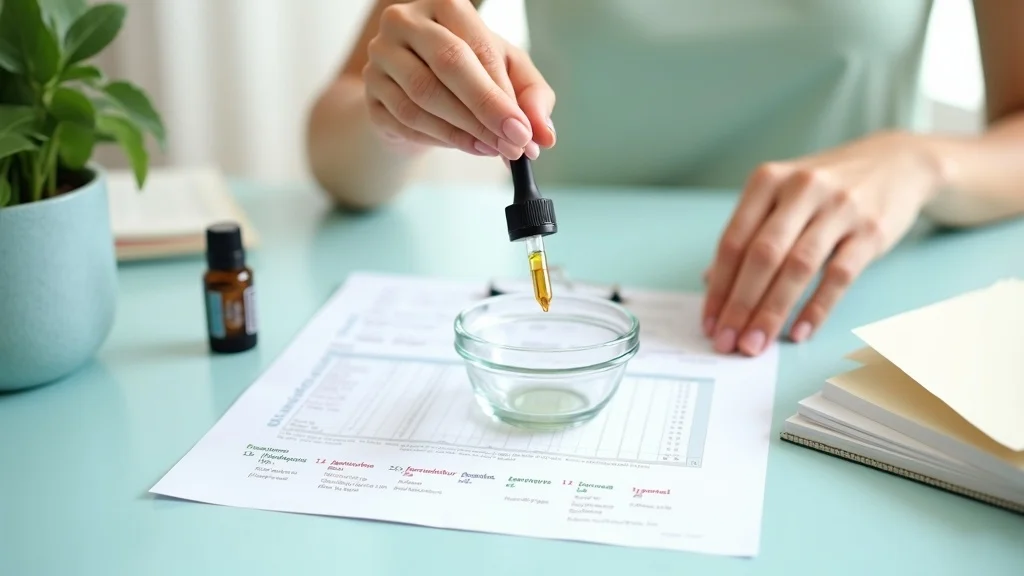 essential oil safety checklist with dropper bottle and dilution chart organized on desk