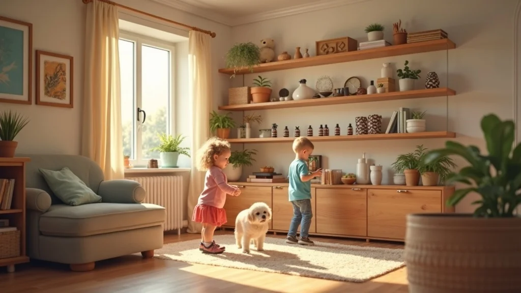 Family-friendly essential oil storage — caring, protective, a high shelf with secure essential oils safely out of reach, children and a small dog playing on the floor below, styled as photorealistic in a sun-filled, cozy living room, featuring dynamic light, natural wood tones, and subtle child-proofing details, rendered with sharp focus on storage area, soft background, pastel and earth colors, under warm afternoon sunlight, captured as if shot with a 24mm lens.