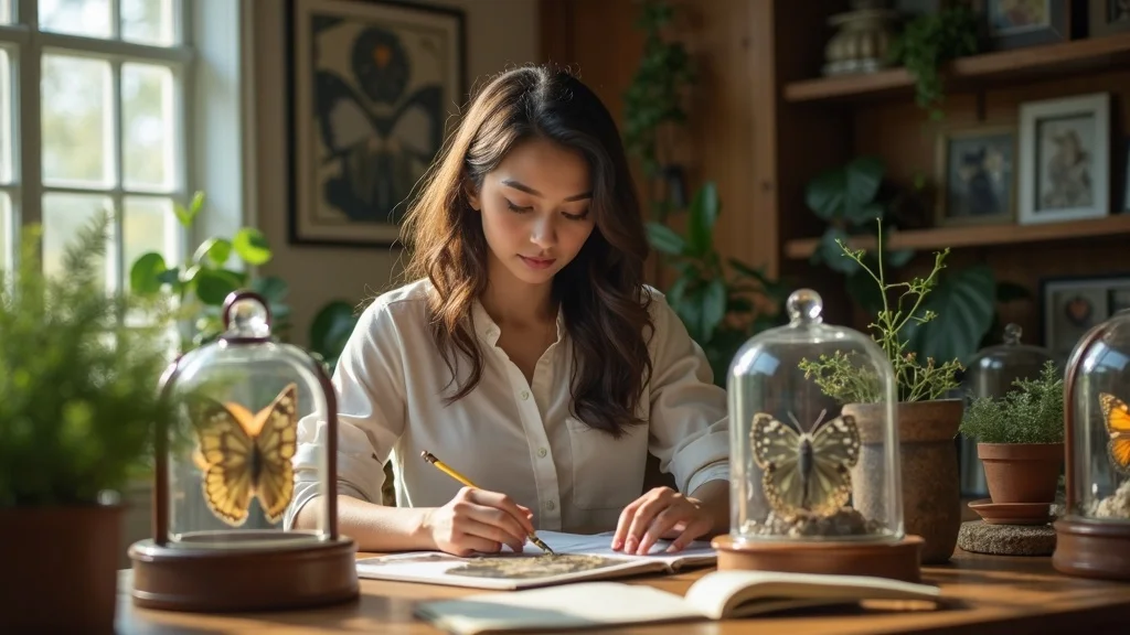 Elegant collection of natural history specimens arranged in vintage butterfly frames and mineral domes set in a sunlit home study – specimen display