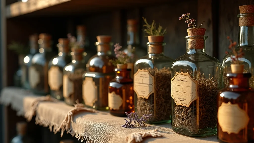 Varied vintage apothecary bottles with old tags and dried herbs, styled on a dark wood shelf with linen runner, showing textured glass under warm light in dark academia decor