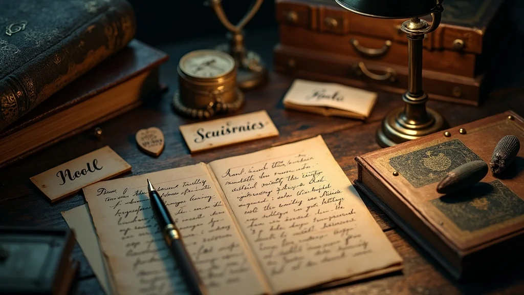 Sophisticated oddities labeling desk: archival papers, handwritten labels, pinned insects, and creative mood boards, in moody old library setting