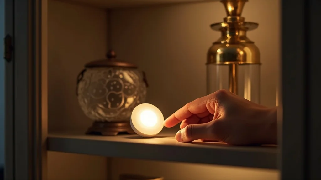 Hand placing a battery-operated puck light inside a glass curio cabinet, showing flexible cabinet lighting solutions.