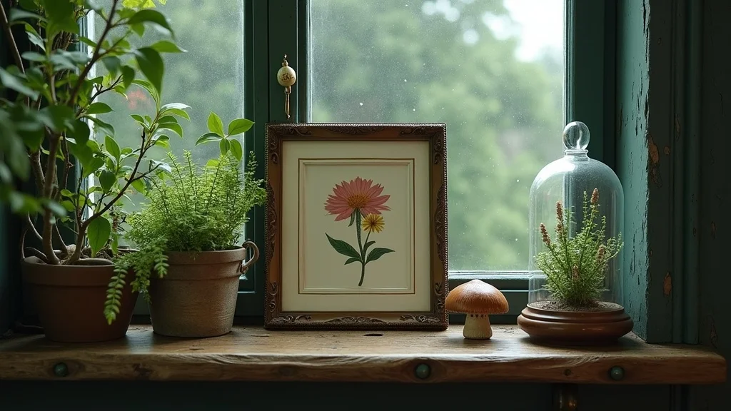 Botanical gothic decor with pressed floral art, terrarium with ferns, and mushroom specimen under glass cloche on antique windowsill.