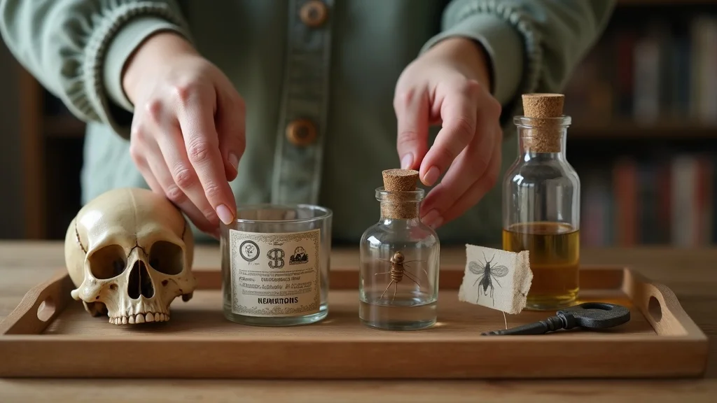 Beginner’s oddities starter set: hands arranging replica skull, labeled insect, glass bottle, and key on wooden tray, sunlit cozy home study