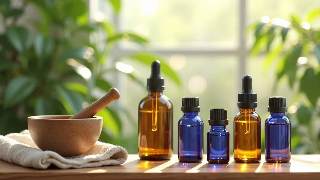 carrier oils for essential oils arranged on apothecary shelf with essential oils, wooden background, leafy greens, amber and cobalt bottles, mortar and pestle, modern home