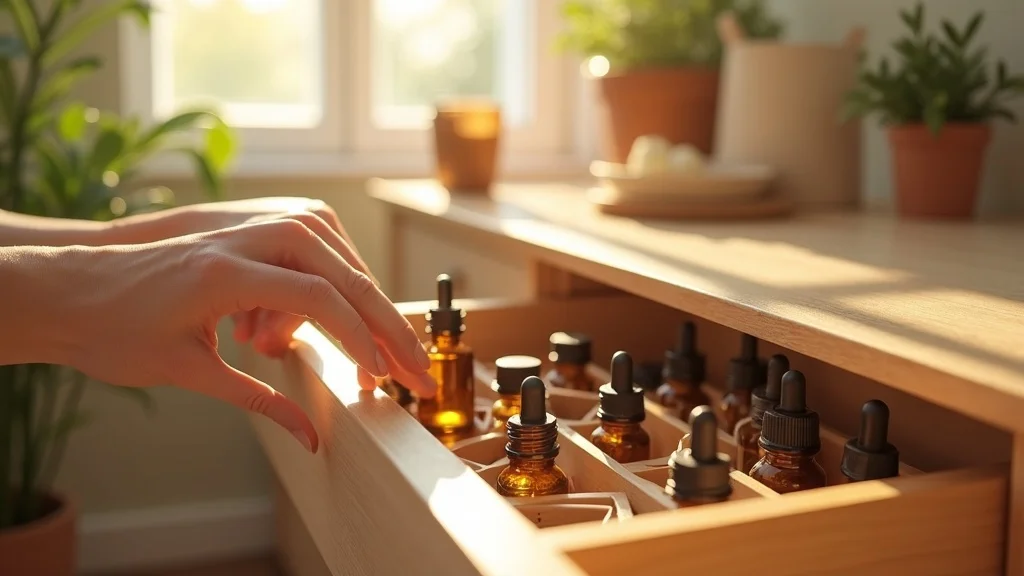 Bright and inviting drawer of apothecary-style essential oil bottles organized in a modern light wood cabinet, ready for blending and home use with natural sunlight.