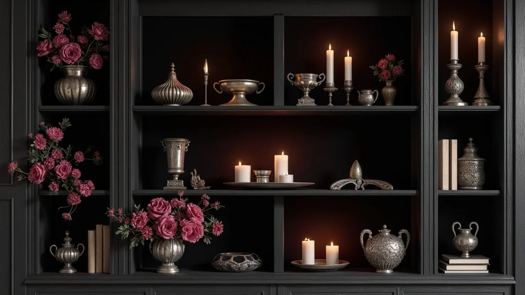 Gothic curio display for cabinet of curiosities ideas, with dark florals, antique metal objects, candles, black velvet, and moody lighting