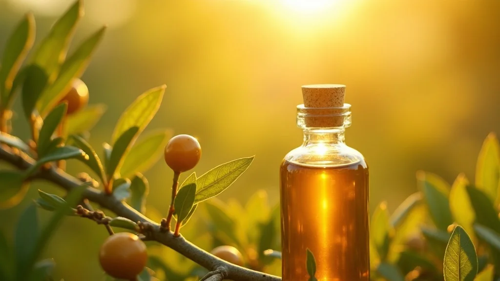 jojoba oil for essential oils, close-up of jojoba seeds on plant branch and golden oil bottle outdoors, soft sunlight, natural beauty