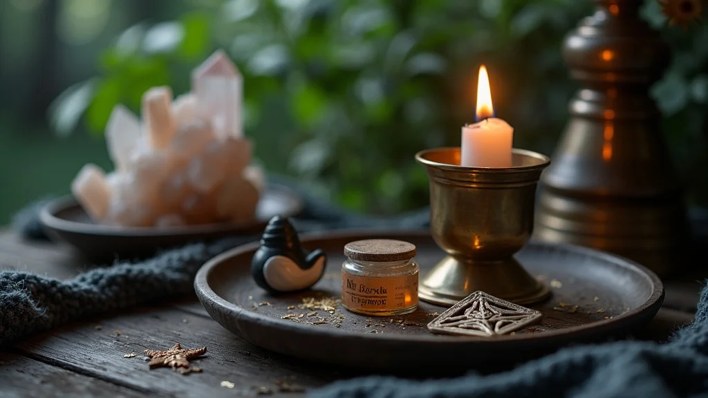 Atmospheric close-up of witchy items: crystal cluster, brass candleholder, labeled jar, pentacle tray, and plants on a dark wood surface in magical home