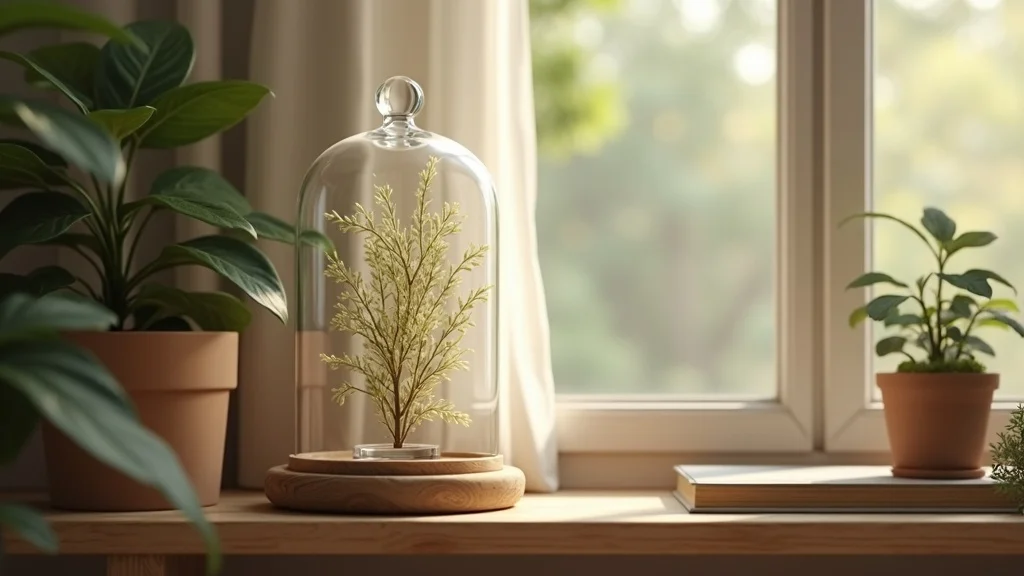 Inviting home shelf with a single glass cloche displaying a delicate vintage botanical specimen on a wooden shelf, surrounded by decorative books and greenery, photorealistic, focused on the glass cloche display