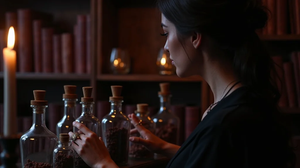 Moody gothic bookshelf vignette with vintage apothecary bottles and candlelight on ornate wooden shelves, high realism in deep purples, blacks, antique brass in cozy living room