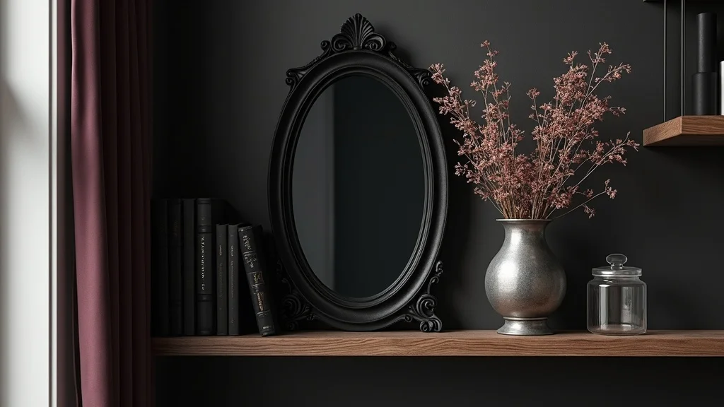 Gothic home decor shelf with black gothic mirror, dark-bound books, pewter vase, glass apothecary jar, and negative space on floating oak shelf.